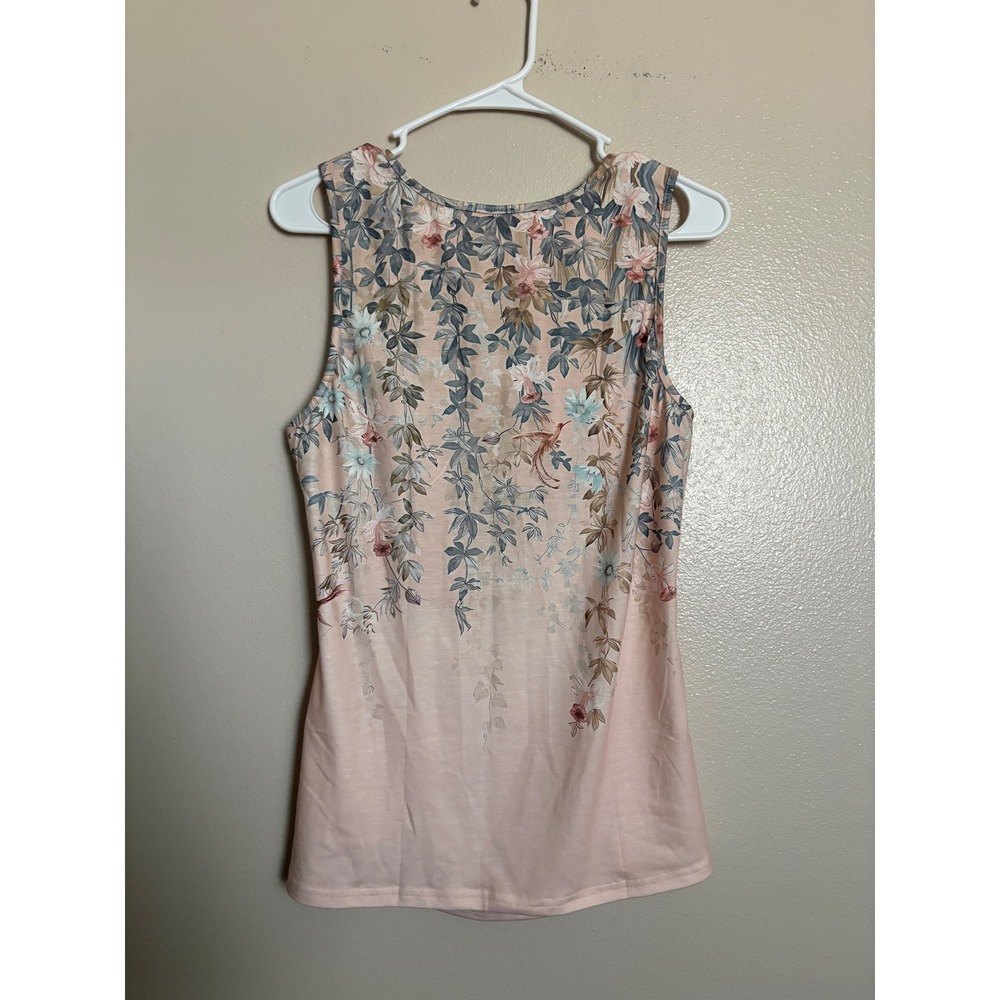 Women's Floral Bird Print Sleeveless Tank Top Peach Pink Pleated Ring Medium - Picture 5 of 5